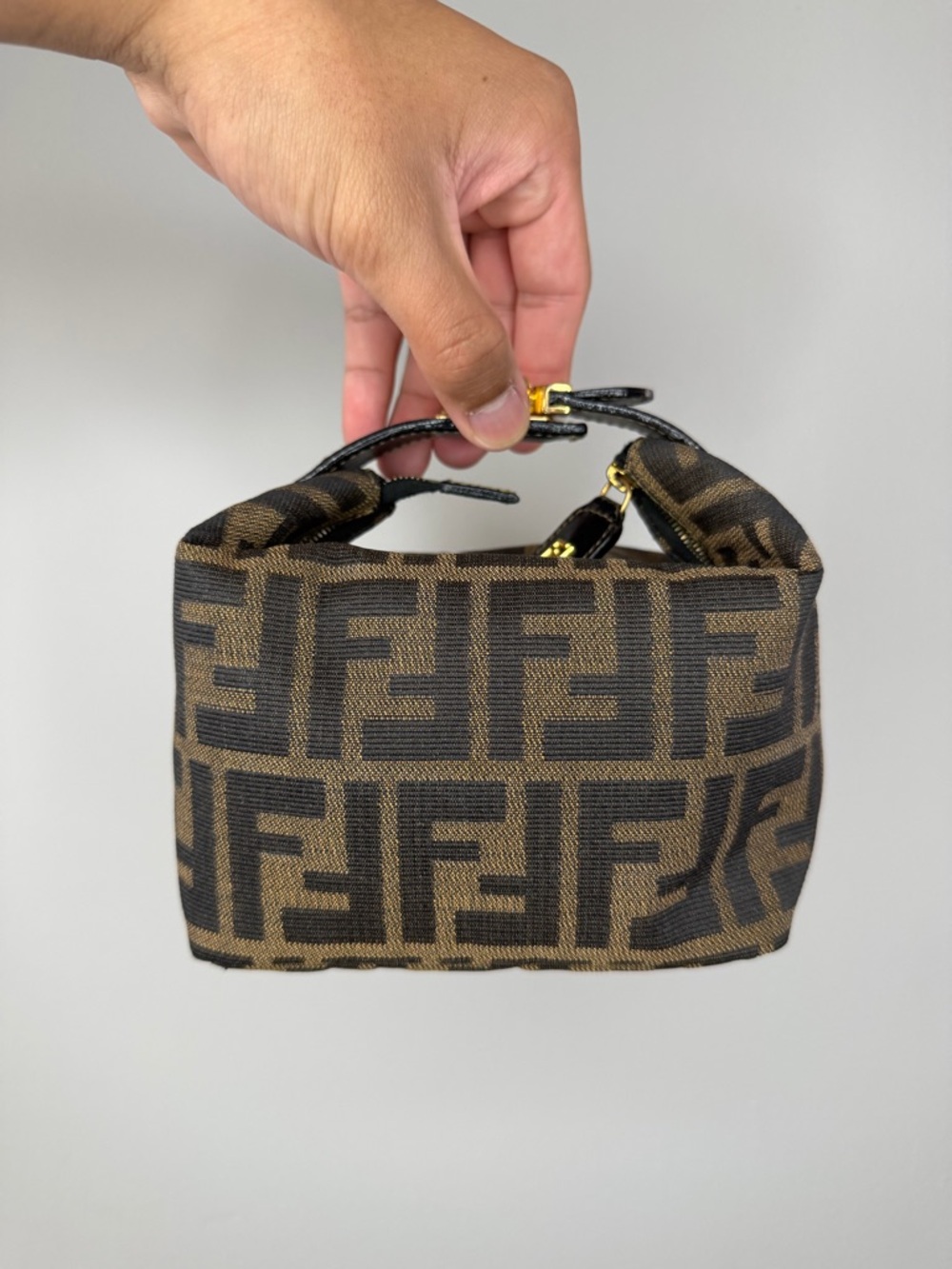 FENDI Zucca Pattern Vanity Bag Cosmetic Pouch Brown x Dark Black Nylon